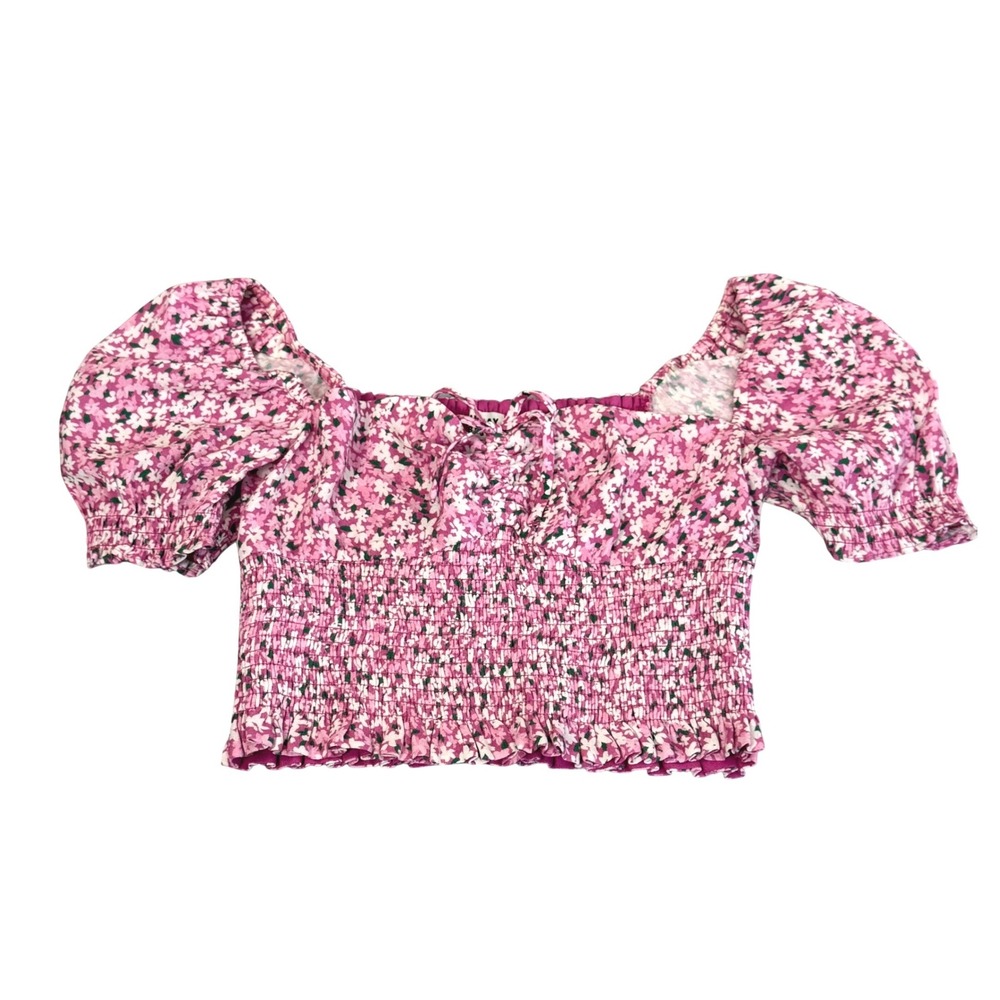 Sunday‎ Best Aritzia Smocked Crop Top XS Floral Puff Sleeve Fairycore Pink White